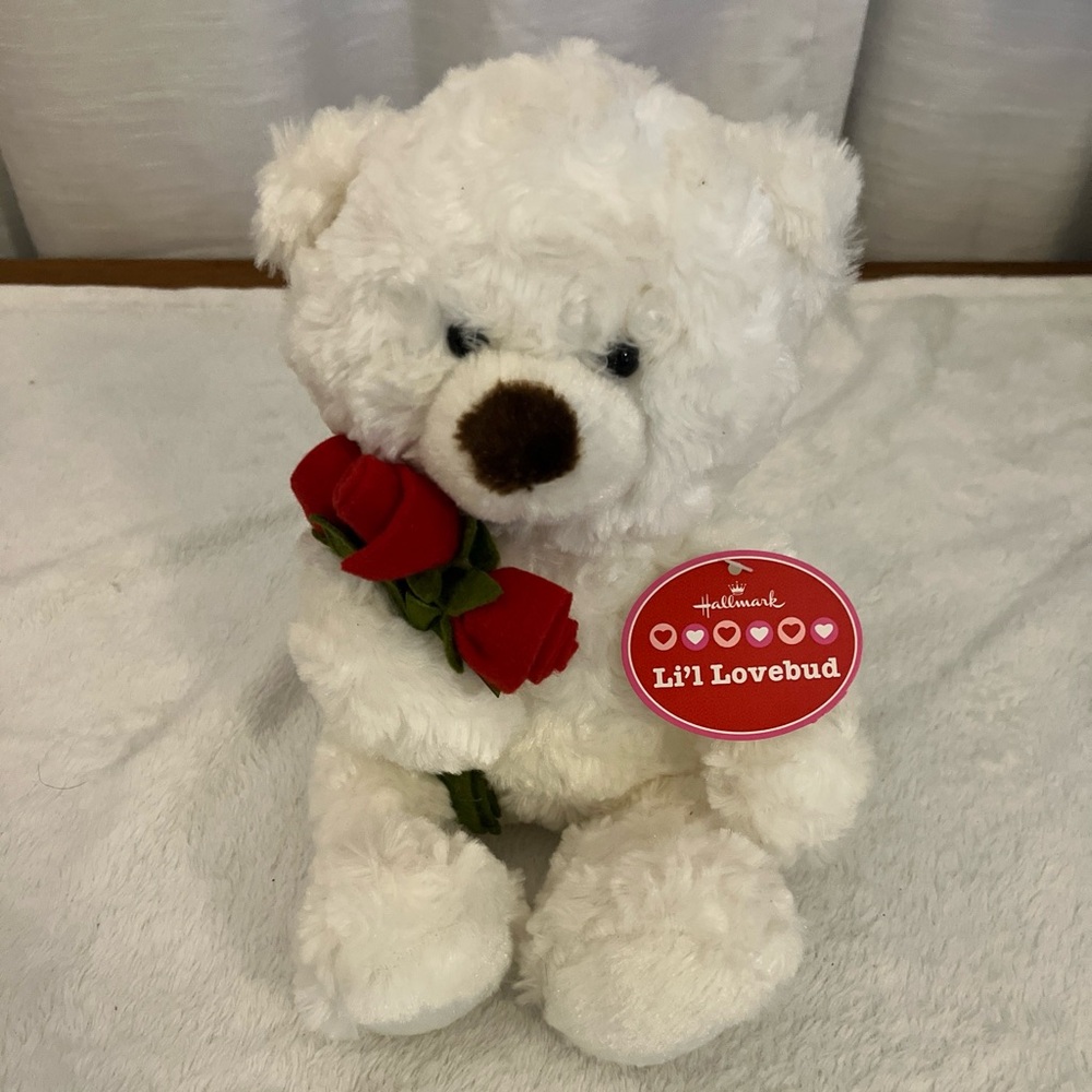 Vtg Hallmark Li'l Lovebud White‎ Teddy Bear  Plush Red Roses 10” Stuffed Animal